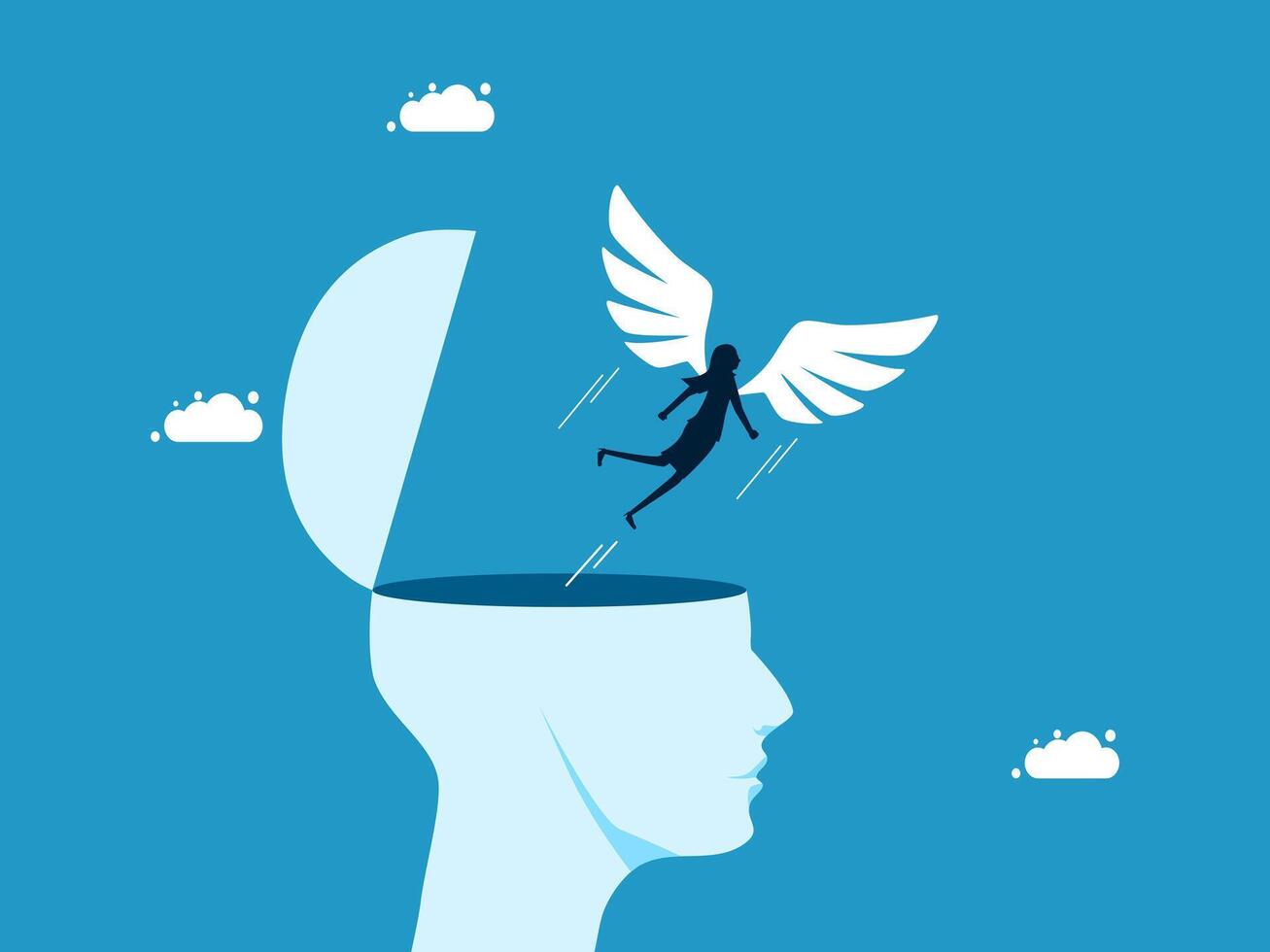 woman flying with wings over head, concept of leadership vector