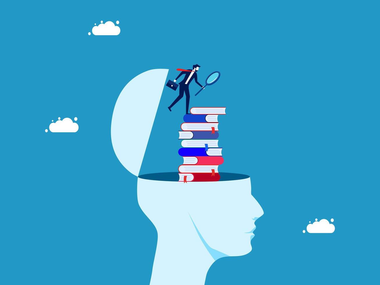 businessman is standing on top of a stack of books and a magnifying glass vector