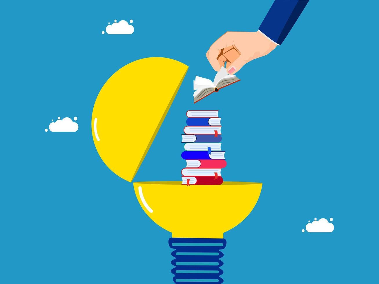 hand holding books and light bulb on blue background vector