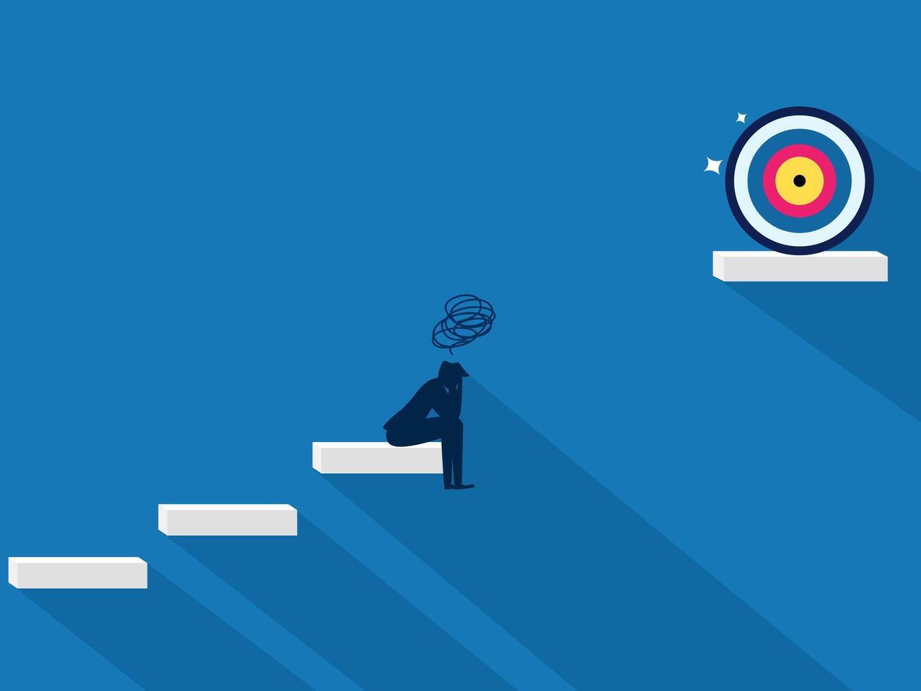 Business goal failed. Businessman sad about the gap between the stairs and the goal vector