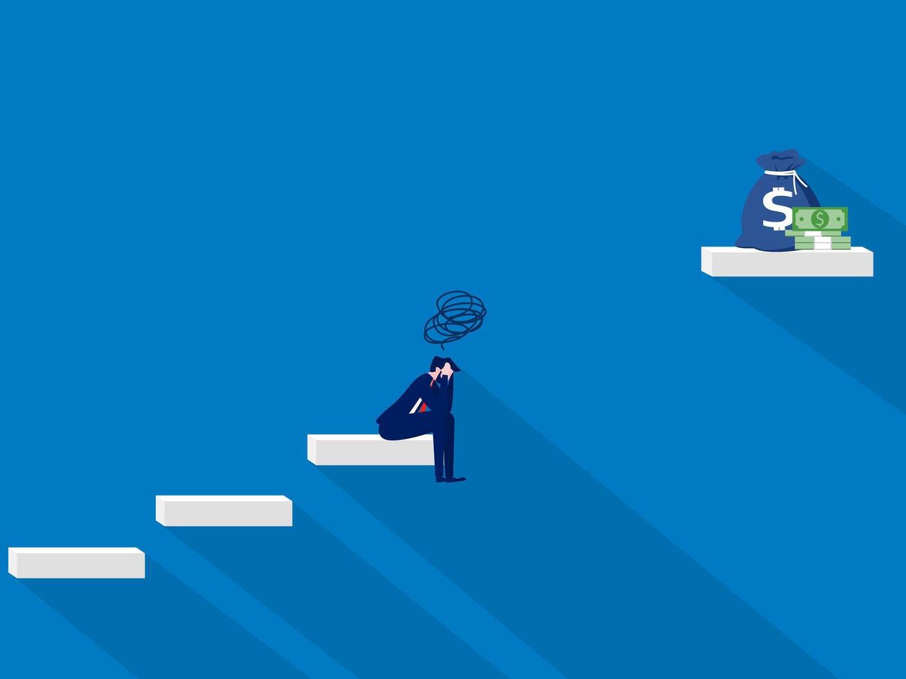 Big failure in business and finance. Sad businessman at the gap between the steps with bags of money vector