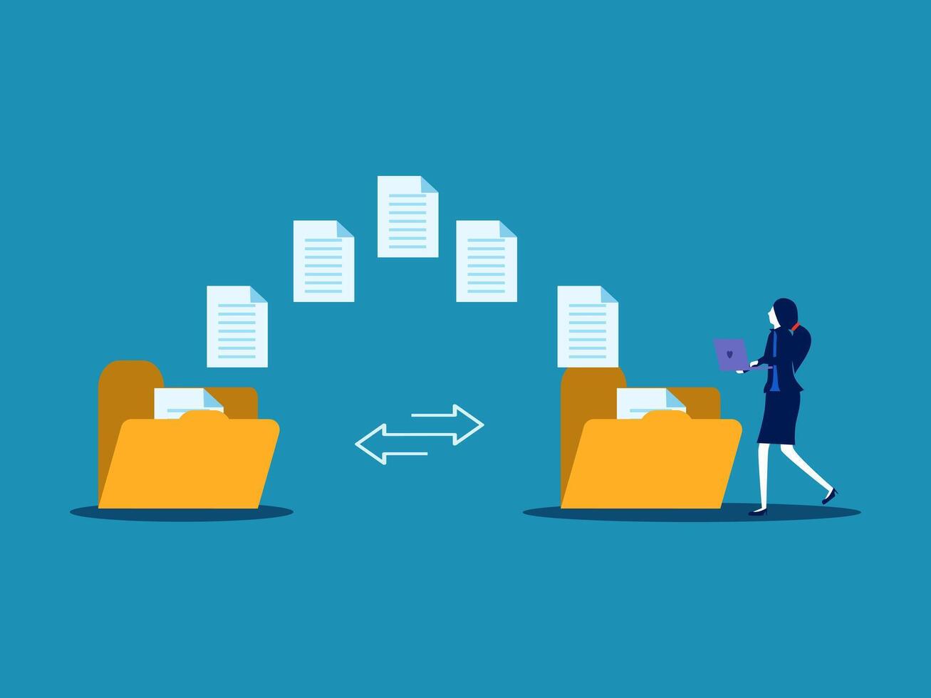 Businesswomen send documents over the Internet, back up data, exchange files in folders vector