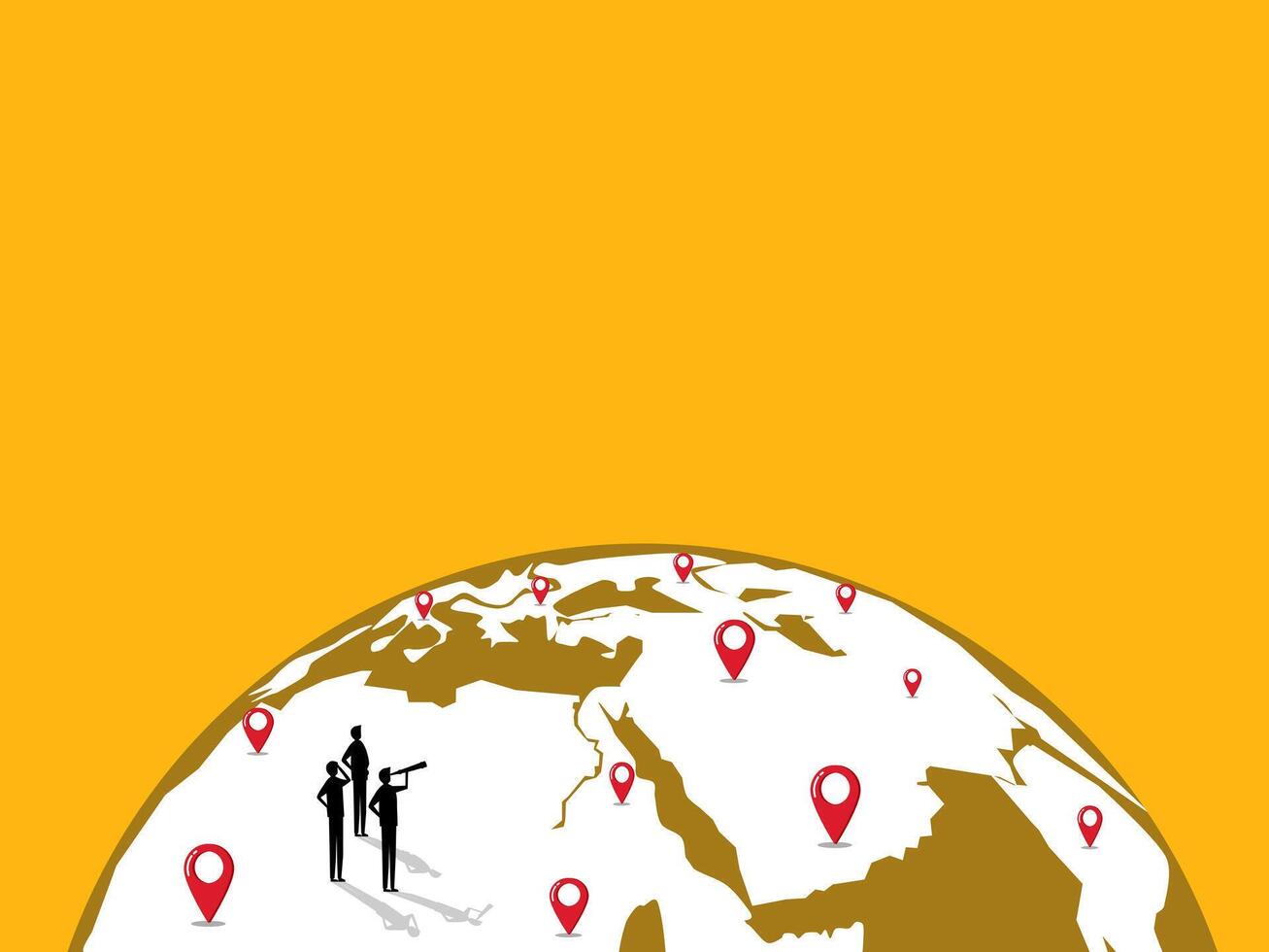 Business team standing looking at world map pins, expanding branches, traveling, searching for new business opportunities vector