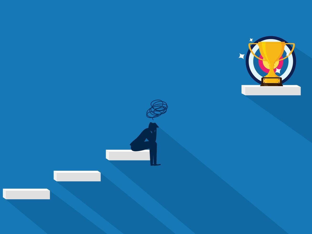 Failure. Businessman sad about the gap between the stairs and the trophy vector