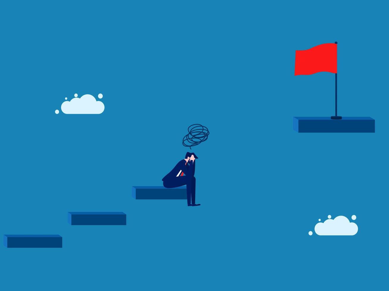 Not reaching the red flag, Business problems Sad businessman at the gap between the steps with victory flag vector