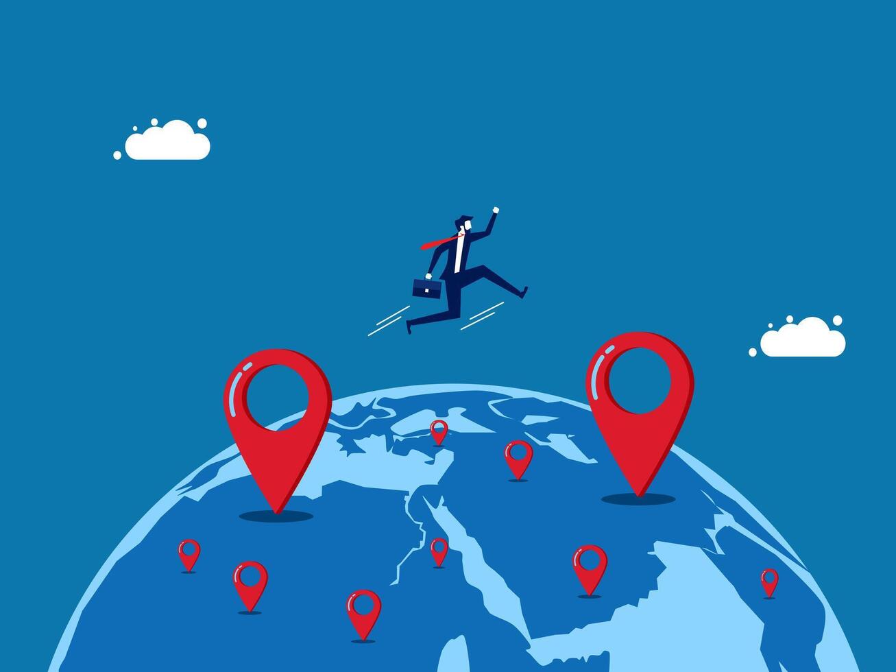 Expanding Branches. Starting a Business. Businessman jumps to new map pins. vector