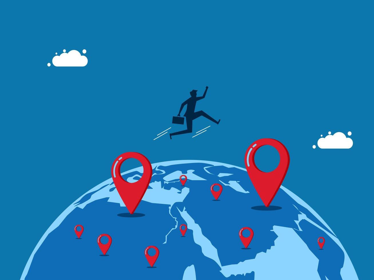 Expanding Branches. Relocation. Businessman jumps to new map pins. vector