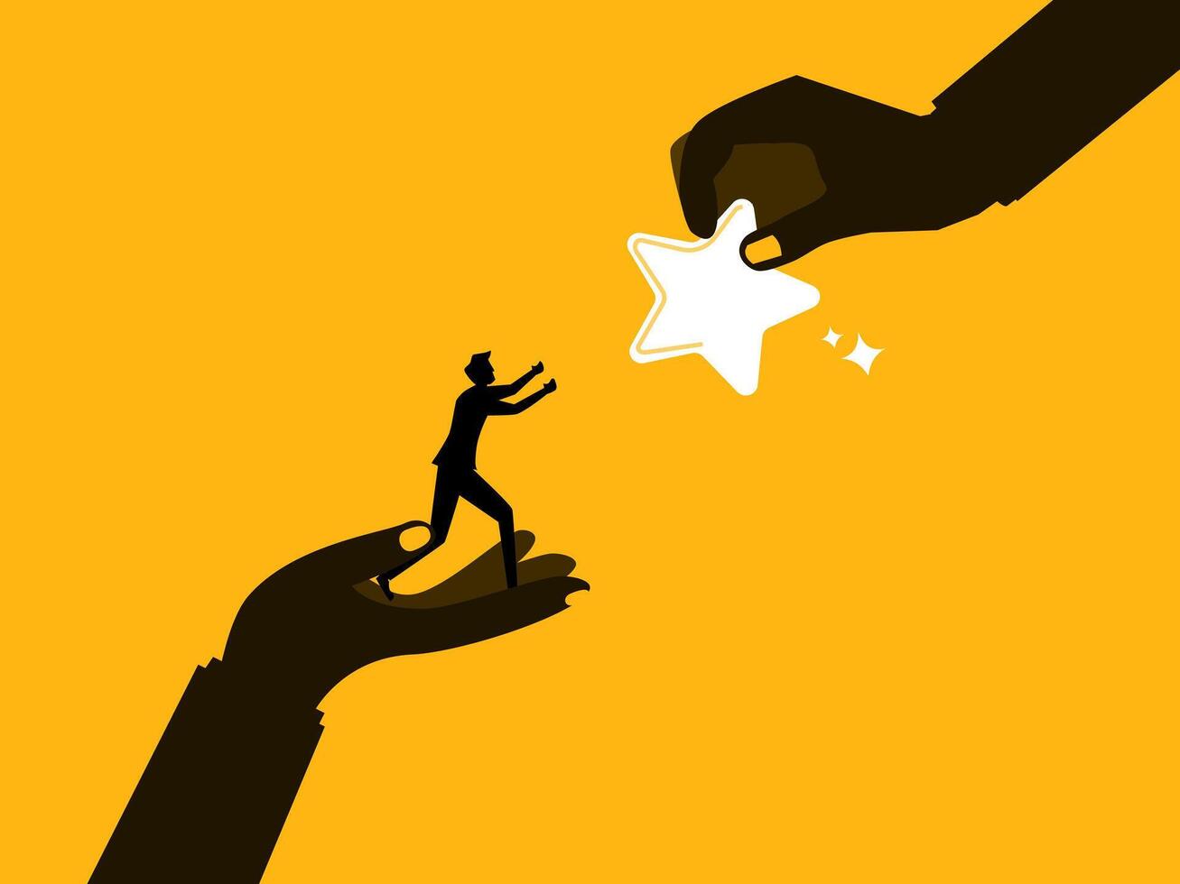 Employee success. Businessman standing on big hands and receiving a star award vector