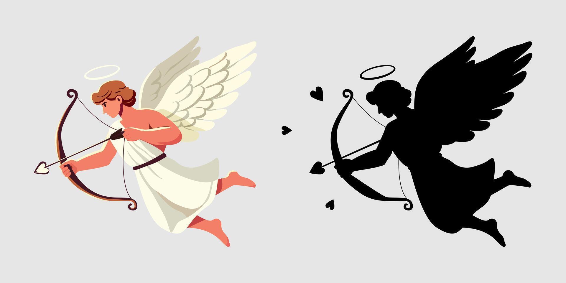 Cupid shooting arrows into your heart. Cupid icons in colour and silhouette Valentine's Day. Symbol of love, romance. Silhouette of cherub angel with wings. illustration on isolated background vector