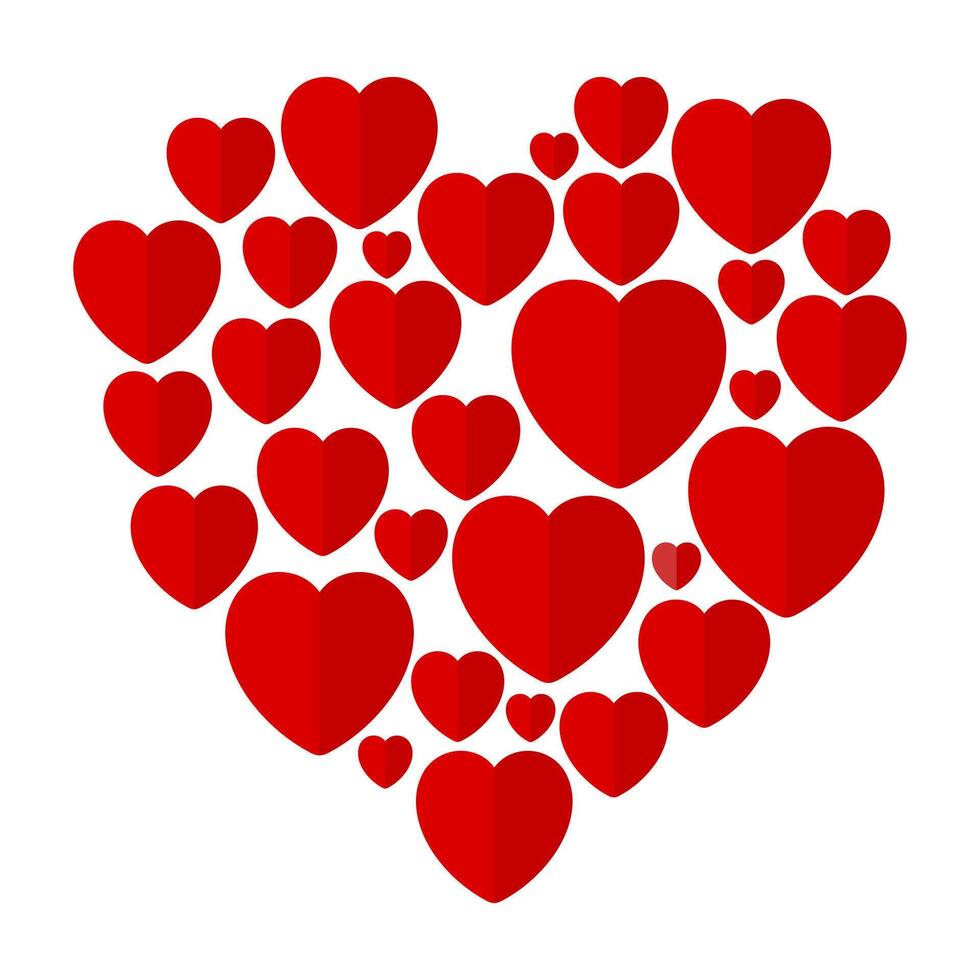 Lots of little red paper hearts forming one big heart on a white background. Design for Valentine's Day. design vector