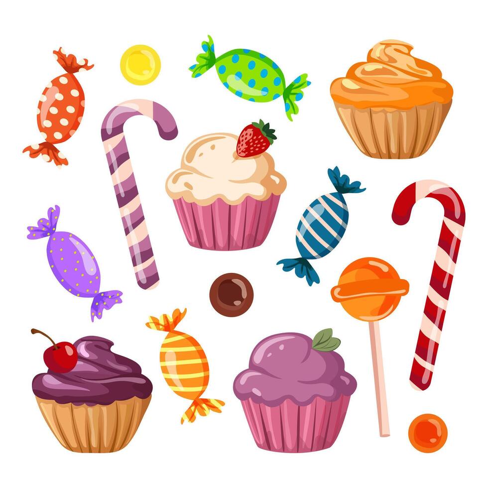 Set of sweets Various sweets, marshmallows, lollipops, cupcakes, candies in glossy wrappers for Thanksgiving and Christmas holidays. Confectionery, sweets and desserts illustration on white vector