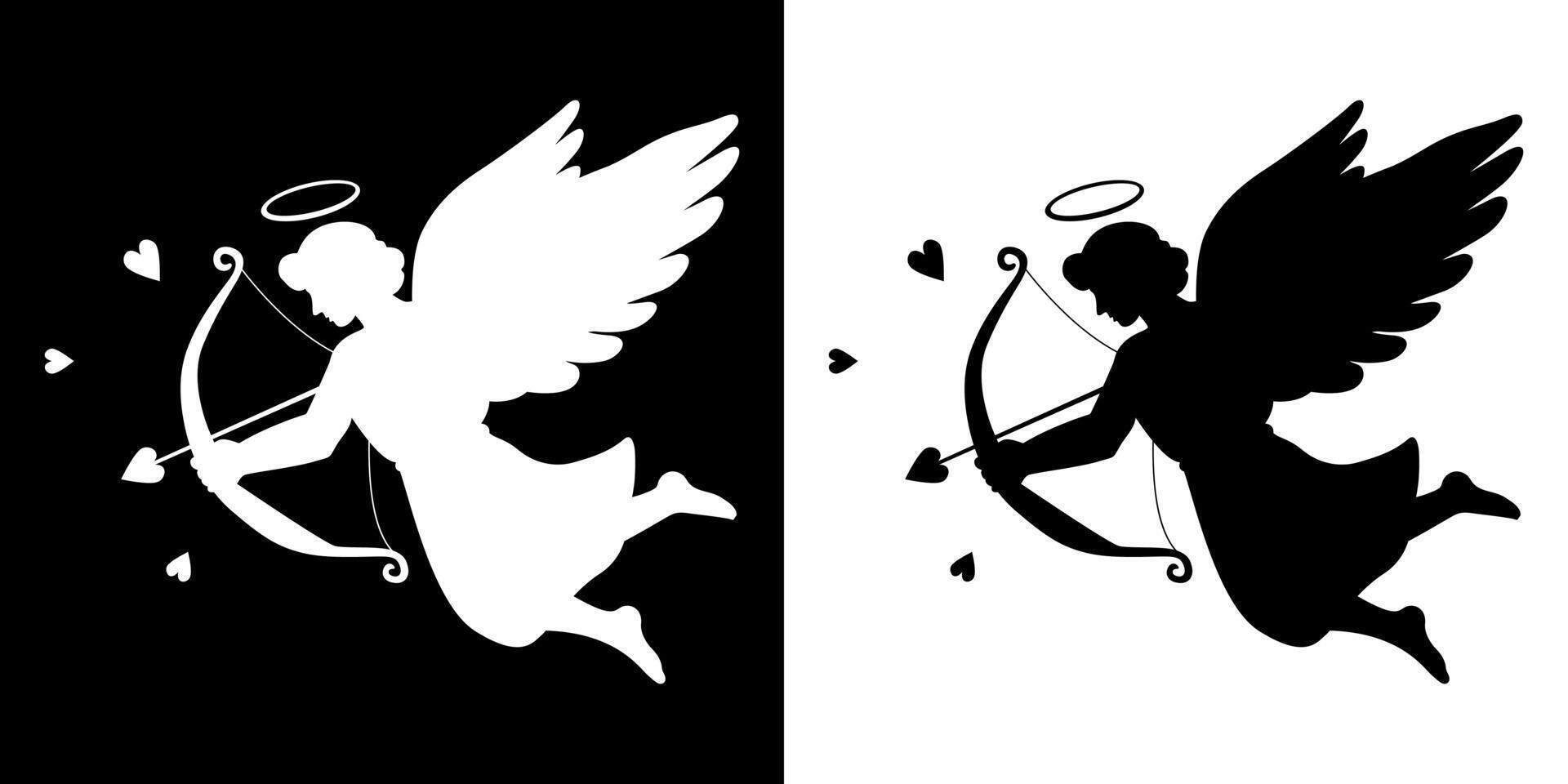 Cupid shooting arrows into your heart. Cupid icon in black and white Valentine's Day. Symbol of love, romance. Silhouette of cherub angel with wings. illustration on isolated background vector