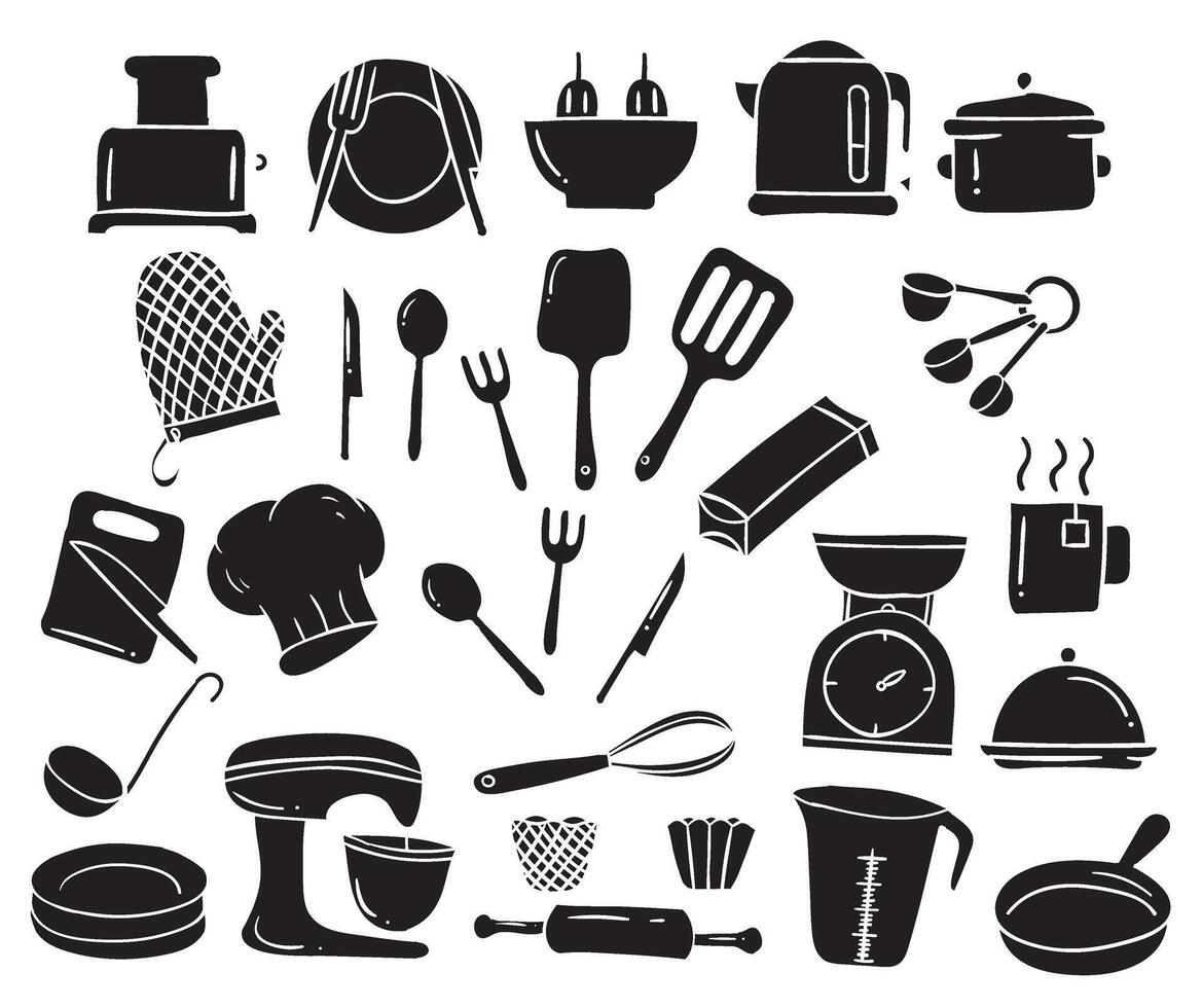 kitchen tools icons set, black and white illustration vector