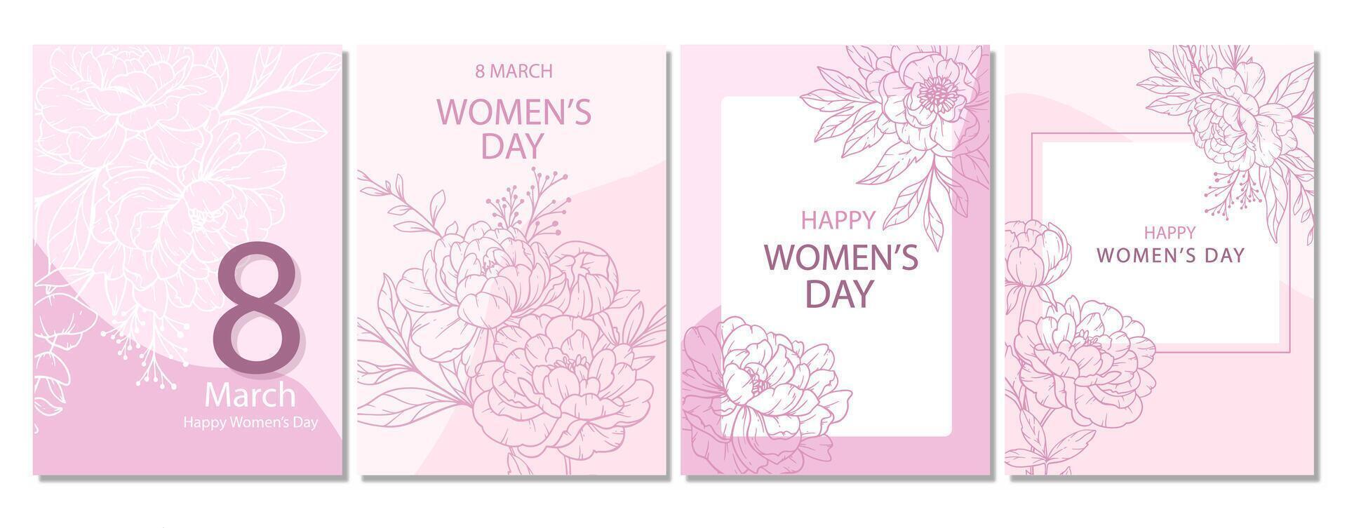 Womens Day Poster. Set of 4 Floral Posters for 8 March. Flower design Womens Day Greeting Cards. Women Day background Templates with Floral Line Art. vector