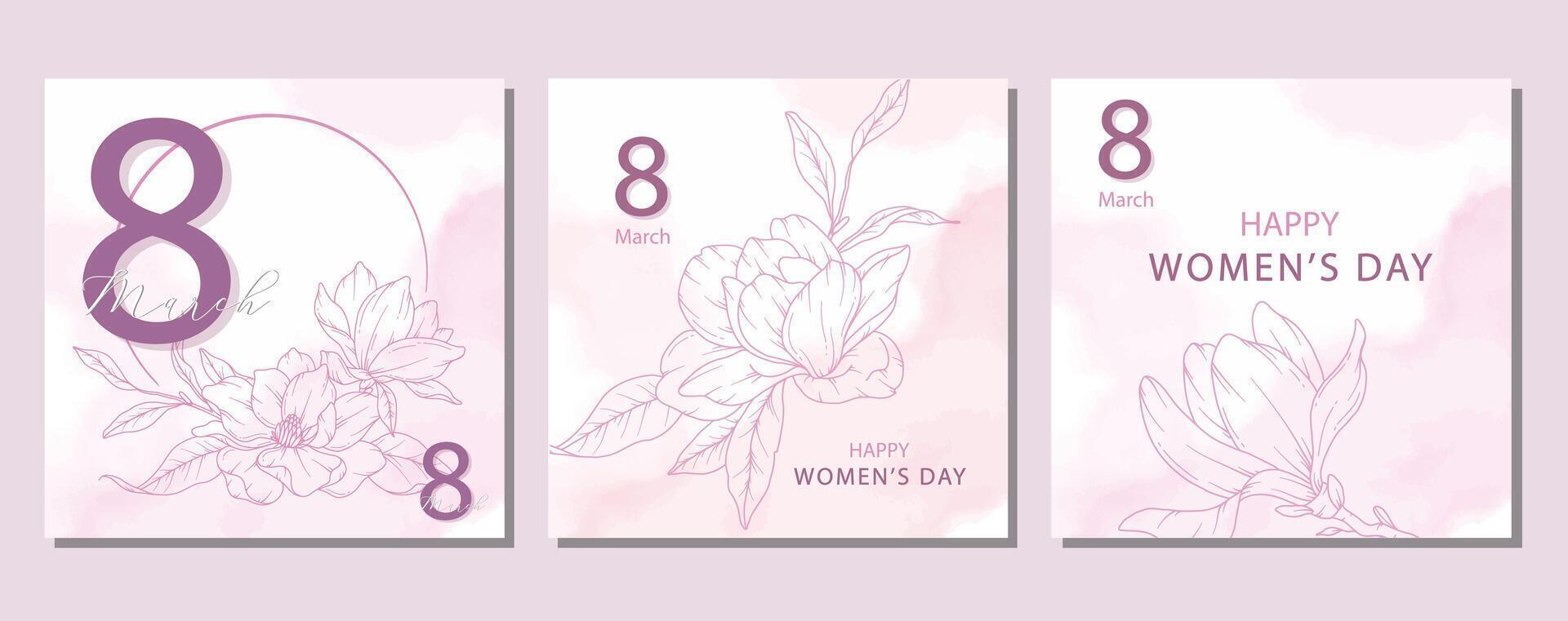 3 Womens Day Posters. Set of Floral Posters for 8 March. Magnolia Line Art. Flower design Womens Day Greeting Cards. Women Day background Templates with Floral Art. vector