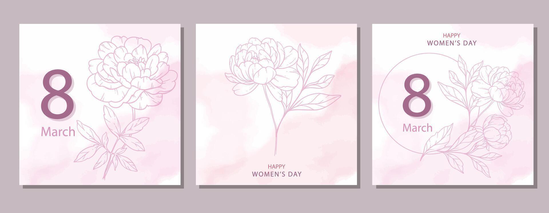 Womens Day Poster template. Set of Floral Posters for 8 March. Flower design Womens Day Greeting Cards. Women Day background Templates with Floral Line Art. vector
