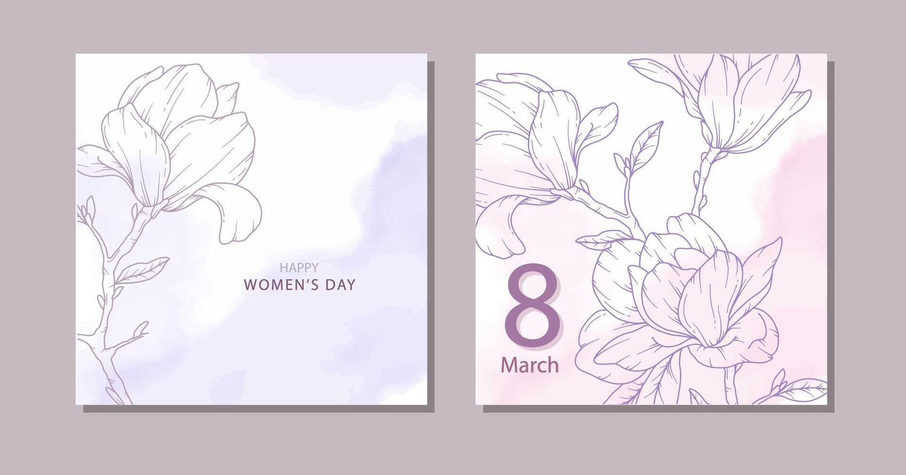 Womens Day Posters. Set of Floral Posters for 8 March. Magnolia Line Art. Flower design Womens Day Greeting Cards. Women Day background Templates with Floral Art. vector
