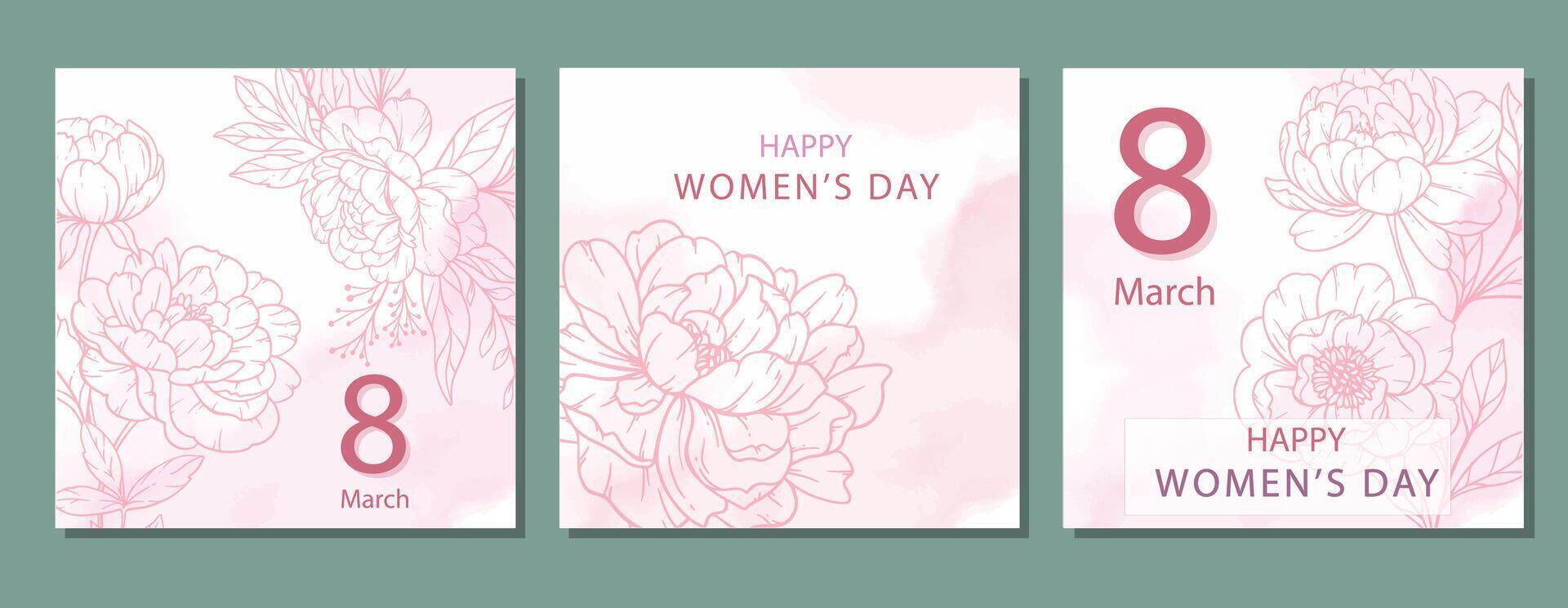 Womens Day Poster Design Template. Set of Floral Posters for 8 March. Flower design Womens Day Greeting Cards. Women Day background Templates with Floral Line Art. vector