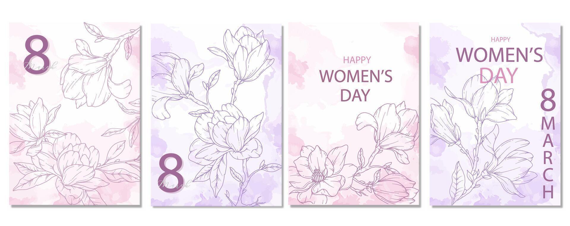 Magnolia Outline. Womens Day Poster. Set of Floral Posters for 8 March. Magnolia Line Art. Flower design Womens Day Greeting Cards. Women Day background Templates with Floral Art. vector