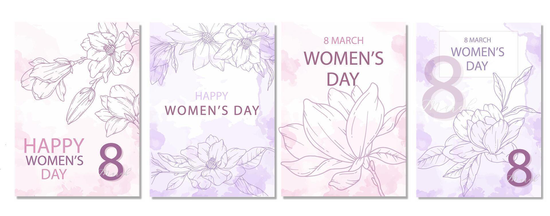 Pink Womens Day Poster. Set of Floral Posters for 8 March. Magnolia Line Art. Flower design Womens Day Greeting Cards. Women Day background Templates with Floral Art. vector
