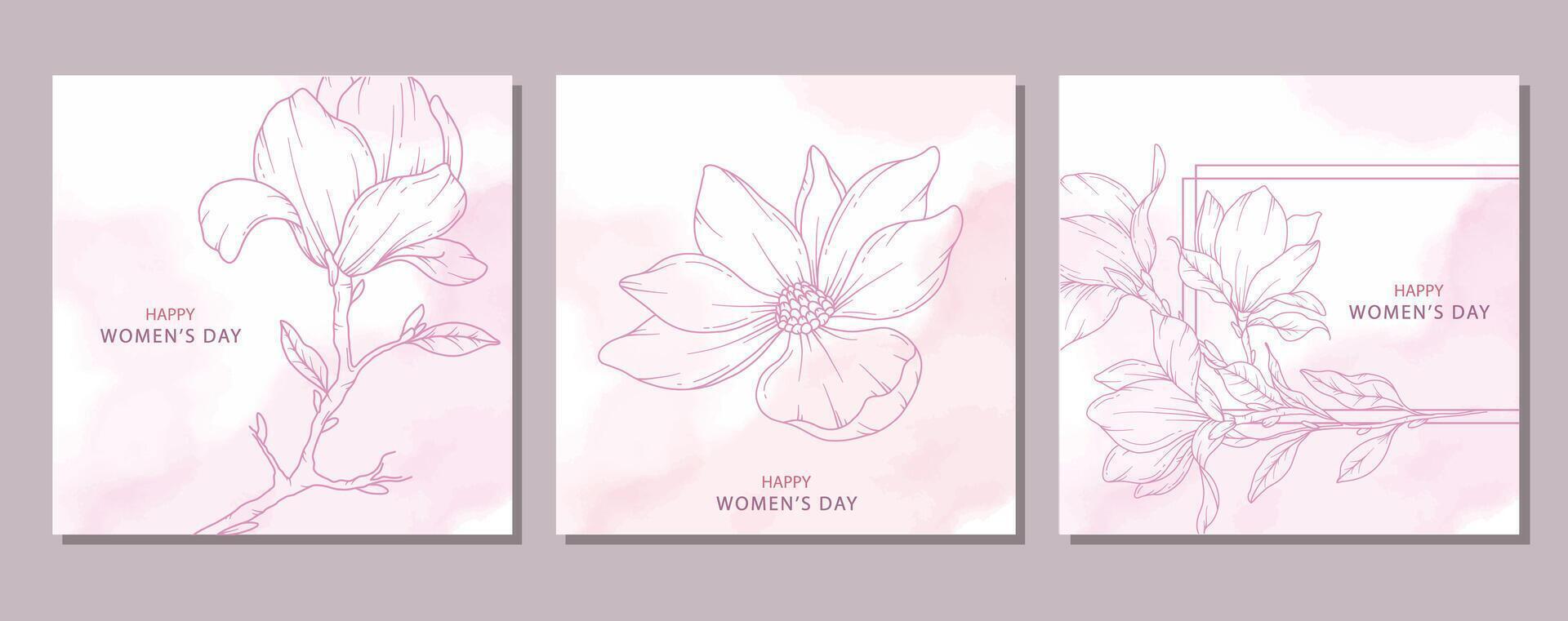 Womens Day Poster. Set of Floral Posters for 8 March. Magnolia Line Art. Flower design for Womens Day Greeting Cards. Women Day background Templates with Floral Art. vector
