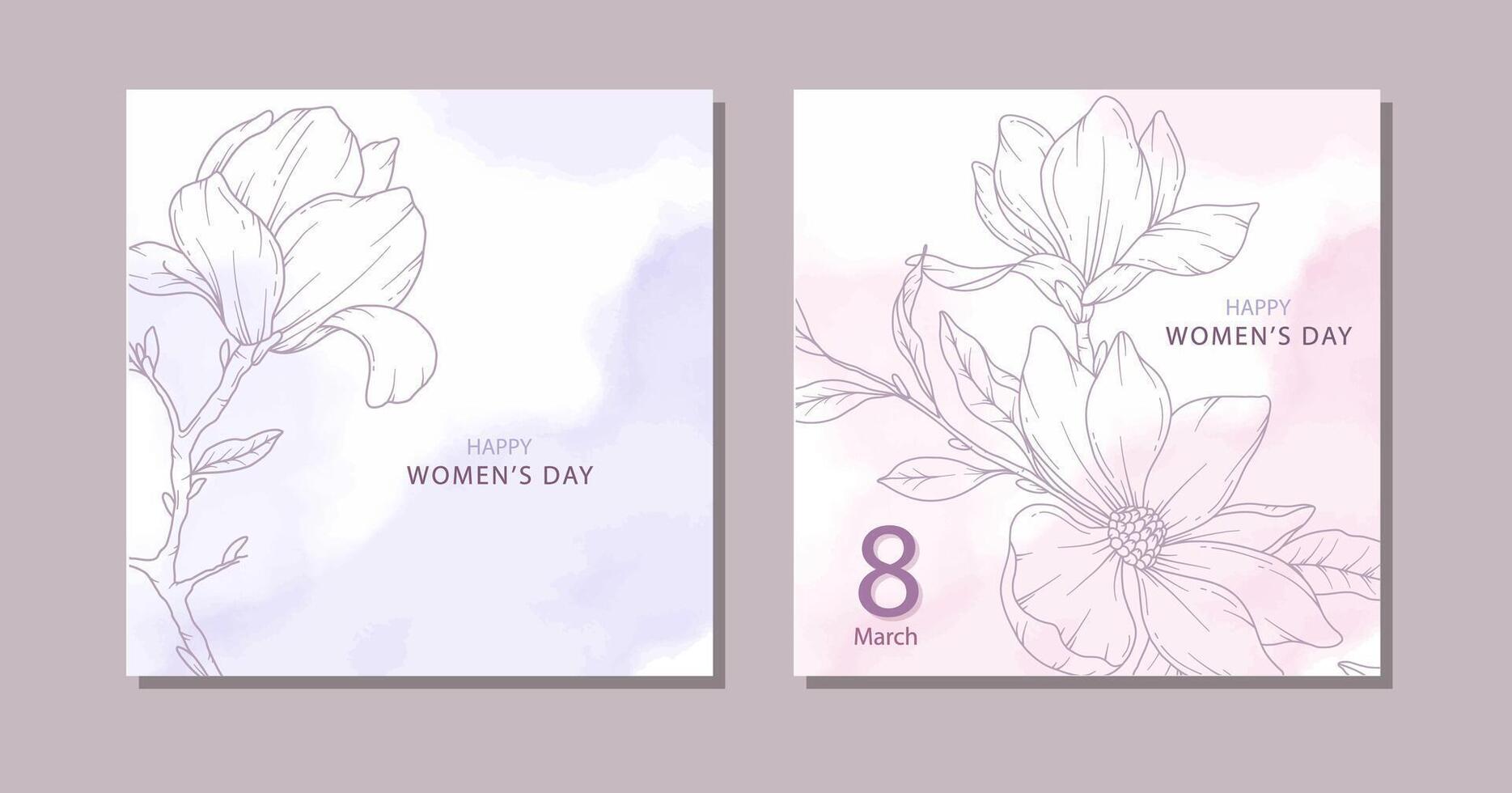 Womens Day Poster. Set of 2 Floral Posters for 8 March. Magnolia Line Art. Flower design Womens Day Greeting Cards. Women Day background Templates with Floral Art. vector