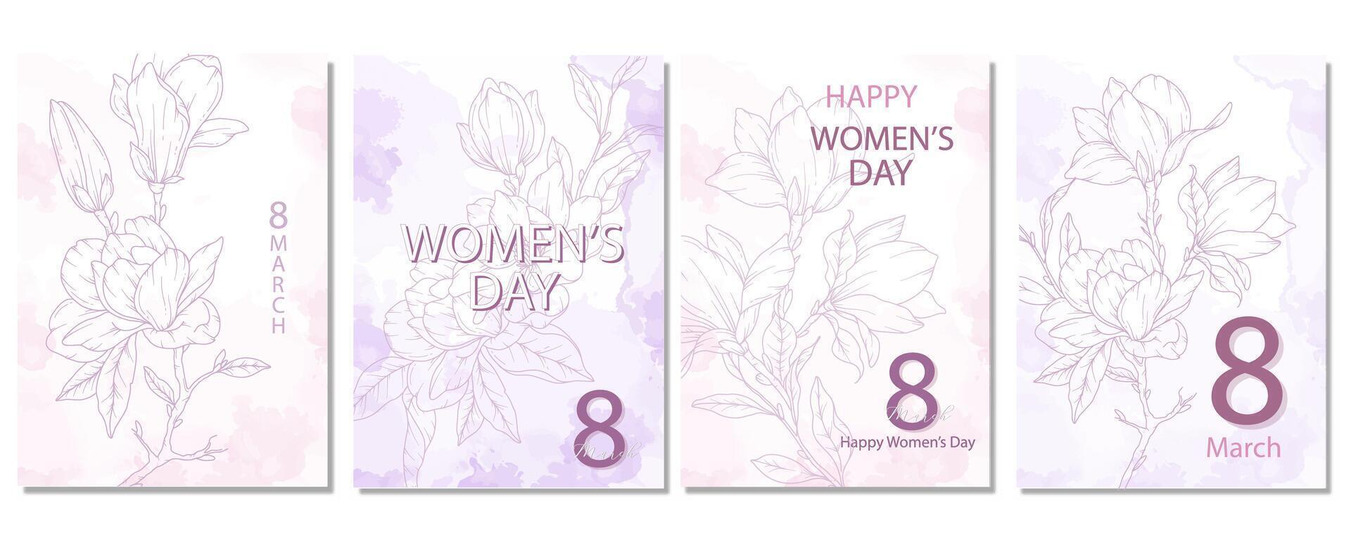 Womens Day Poster with Magnolia. Set of Floral Posters for 8 March. Magnolia Line Art. Flower design Womens Day Greeting Cards. Women Day background Templates with Floral Art. vector