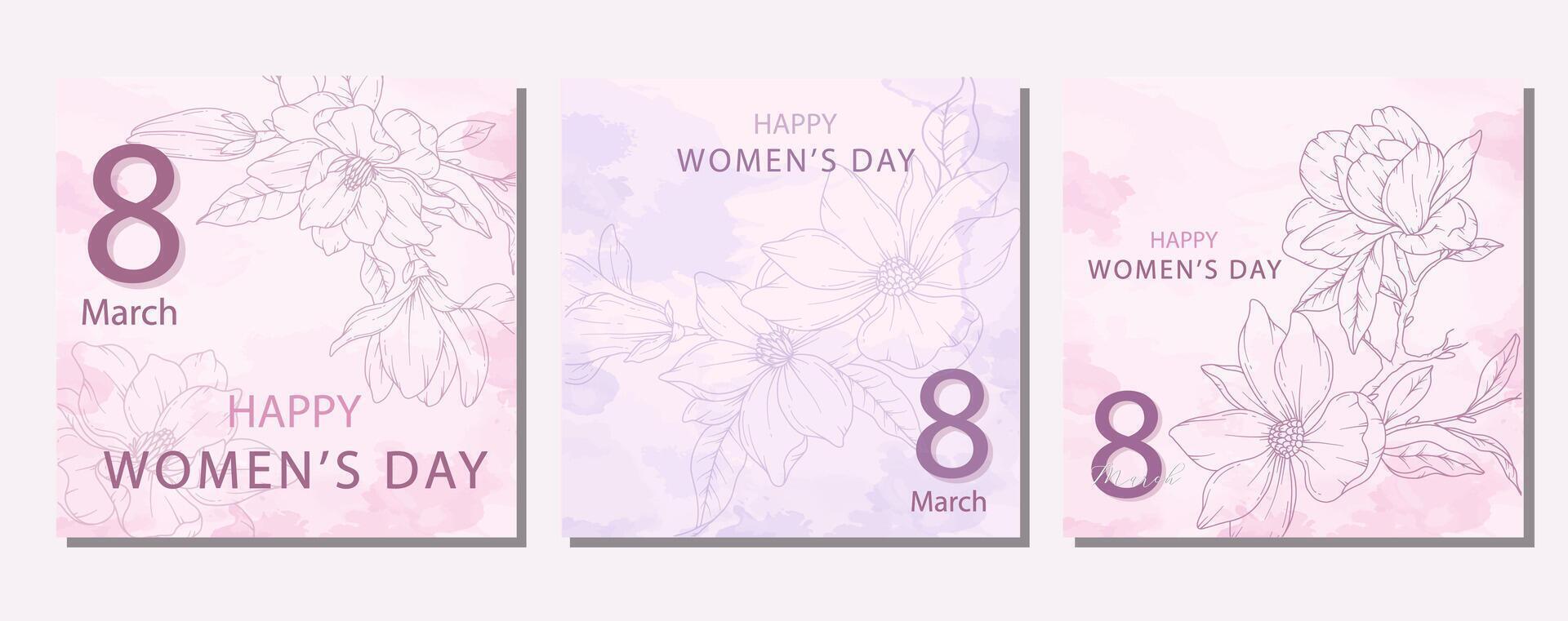 Womens Day Poster with Outline Magnolia. Set of Floral Posters for 8 March. Magnolia Line Art. Flower design Womens Day Greeting Cards. Women Day background Templates with Floral Art. vector