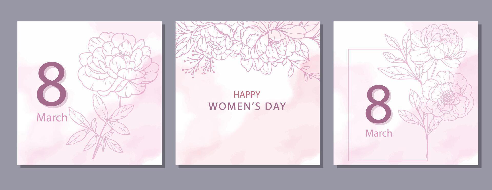Womens Day Poster Design. Set of Floral Posters for 8 March. Flower design Womens Day Greeting Cards. Women Day background Templates with Floral Line Art. vector