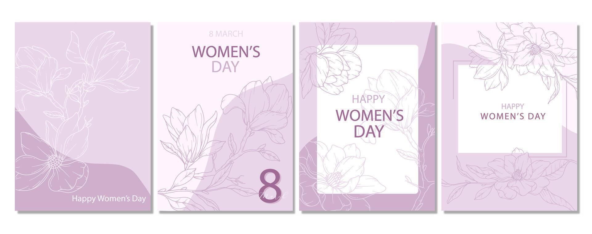 Womens Day Poster template. Set of 4 Floral Posters for 8 March. Flower design Womens Day Greeting Cards. Women Day background Templates with Floral Line Art. vector