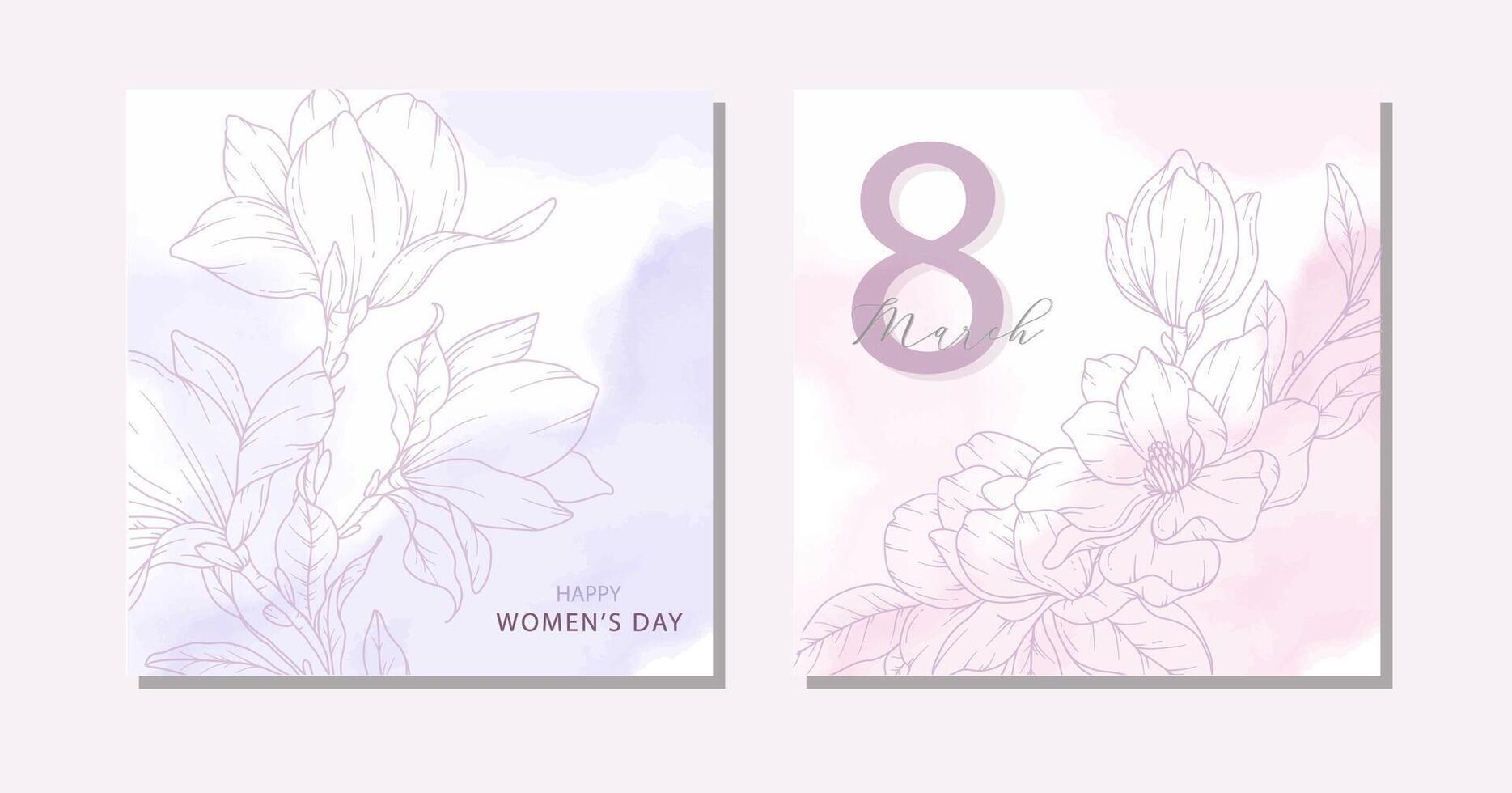 Womens Day Poster with Magnolia. Set of 2 Floral Posters for 8 March. Magnolia Line Art. Flower design Womens Day Greeting Cards. Women Day background Templates with Floral Art. vector