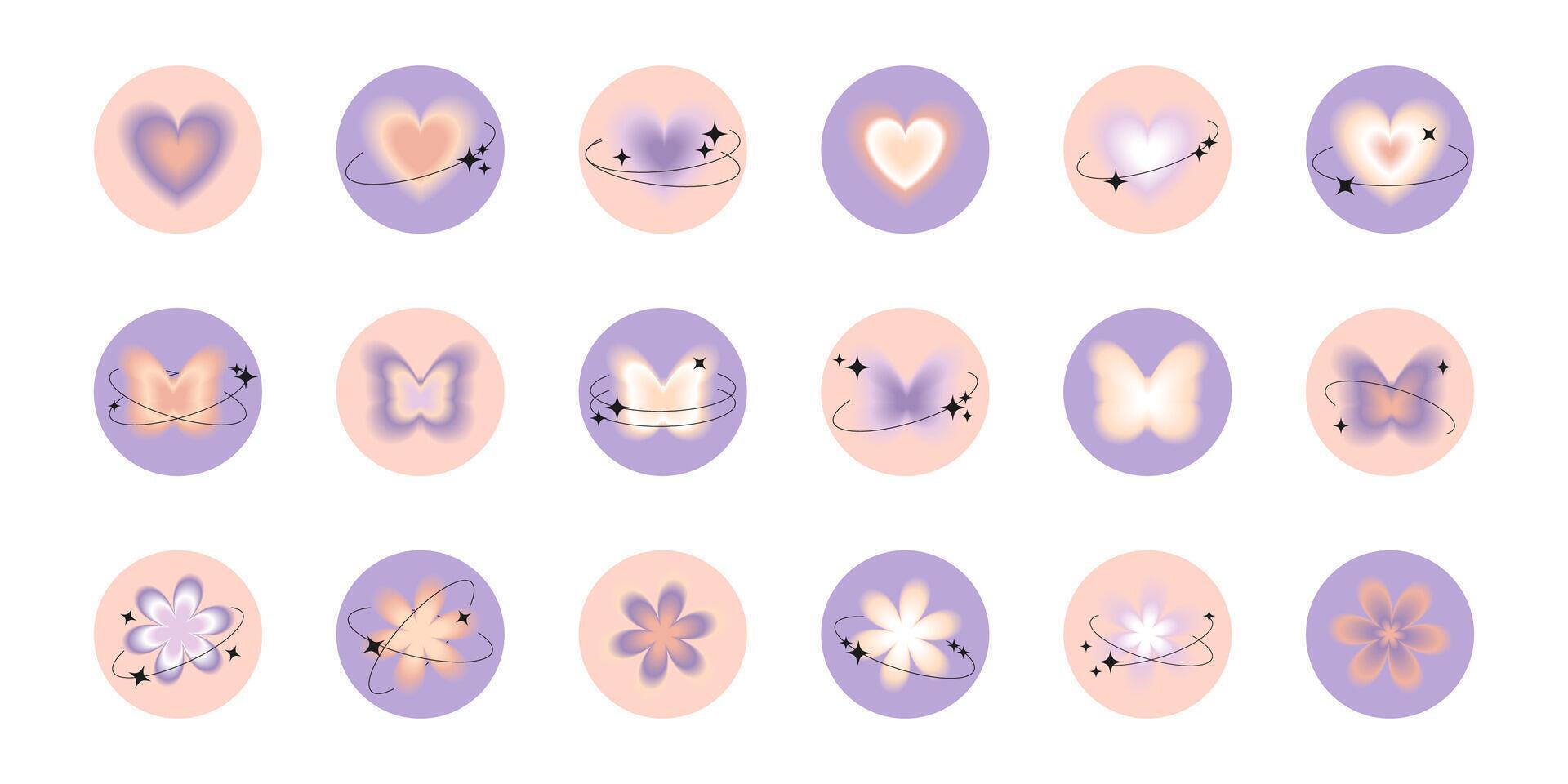 Modern collection of abstract y2k round stickers. Blurry aura pastel flowers, hearts, butterfly. Aesthetic elements in purple and beige color with black lines and sparkles vector