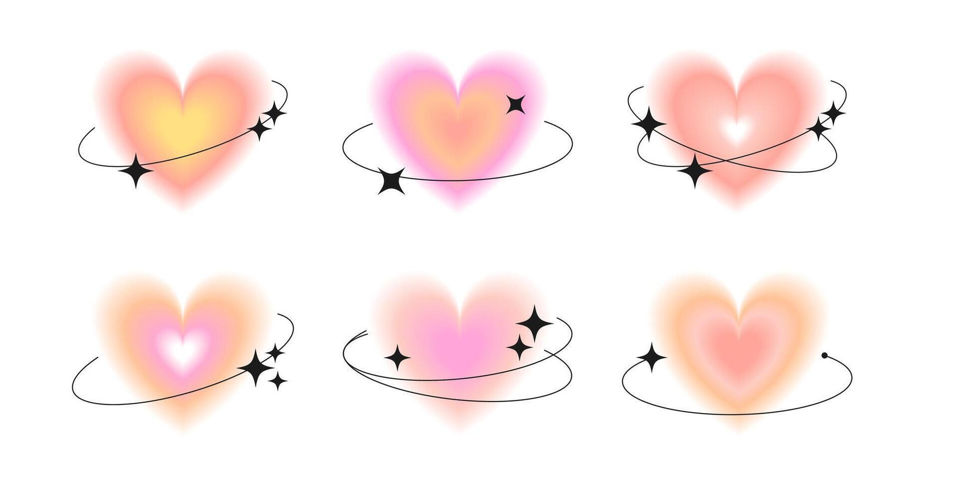 Cute pastel abstract aura hearts in y2k style. Trendy gradient shapes, figures with blurry effect vector