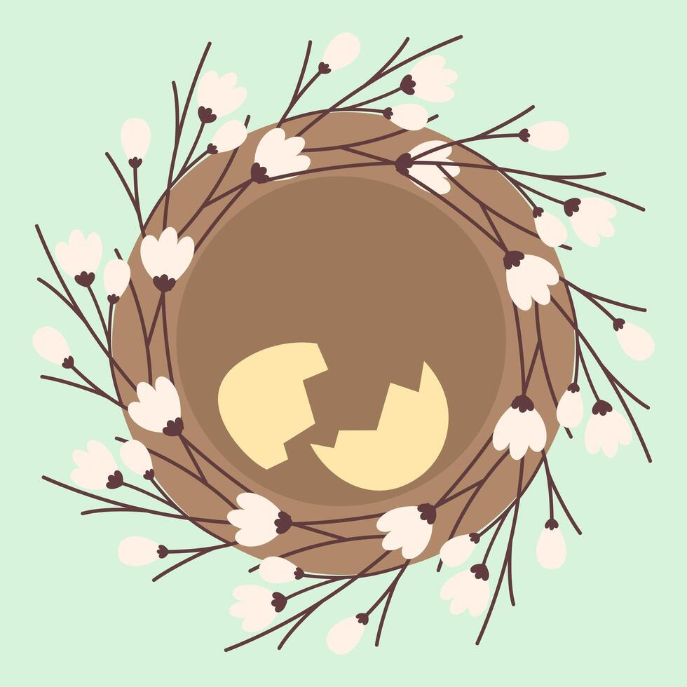 Cracked Eggshell in nest with blooming sprigs in trendy soft shades. Easter greeting design concept. Isolated illustration Thematic cards, posting, blogging or web promo leaflets, banner, price vector