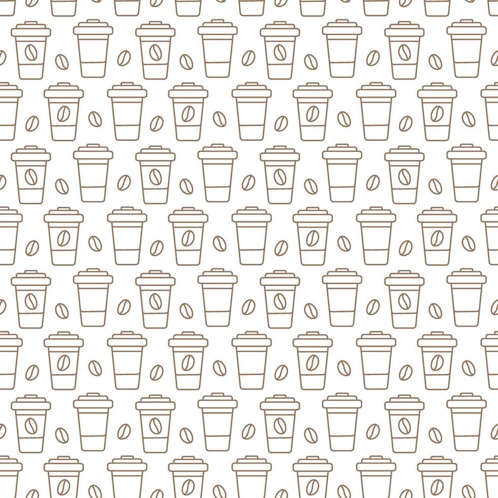 Outline Disposable cups with coffee beans Seamless pattern in trendy minimalism. Coffee Day backdrop. Isolated illustration Wallpaper, wrapping or web promo banner, greeting cards, leaflet, tag vector