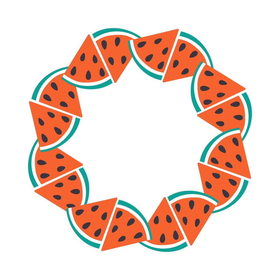 Triangular Watermelon slices with seed Circle frame border in trendy Summer hues. Copyspace Template. Isolated illustration Thematic cards, posting or web promo banner, leaflet, print materials vector
