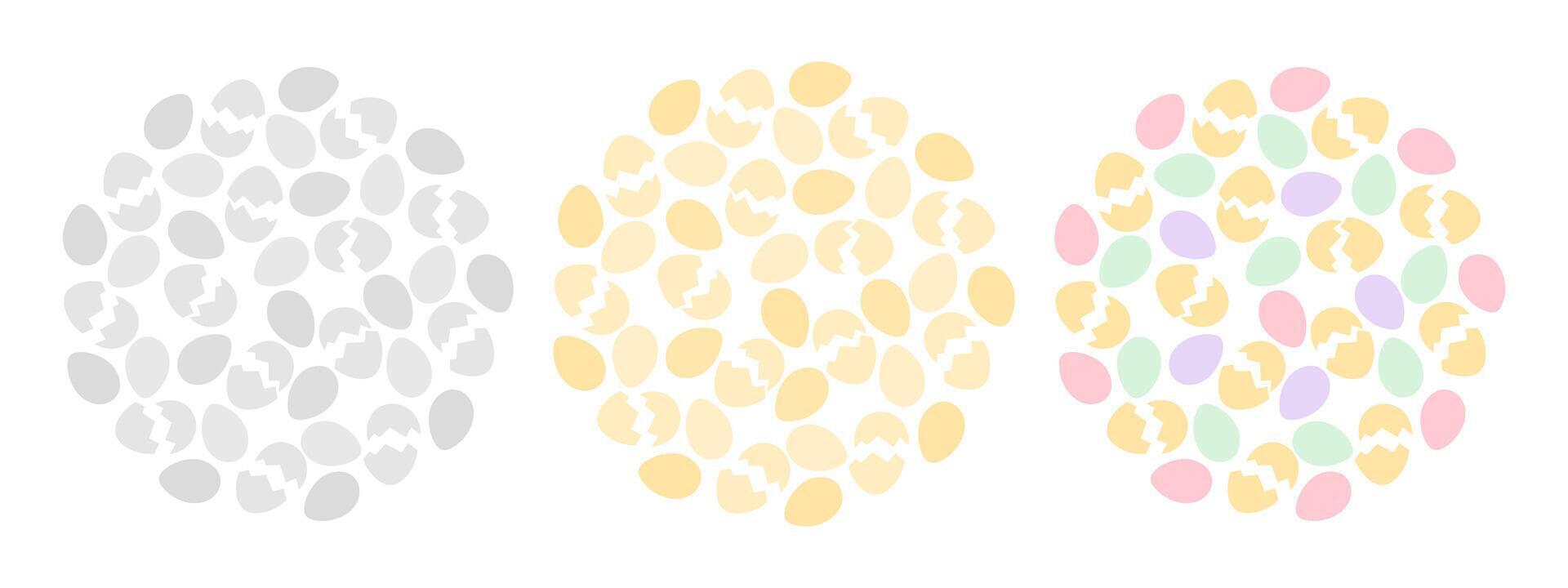 Eggs and Cracked eggshell Circular Backgrounds colorful, golden and grayscale Set 3. Easter backdrop. Isolated illustration Thematic cards, prices, label or web promo banner, leaflets, booklet vector