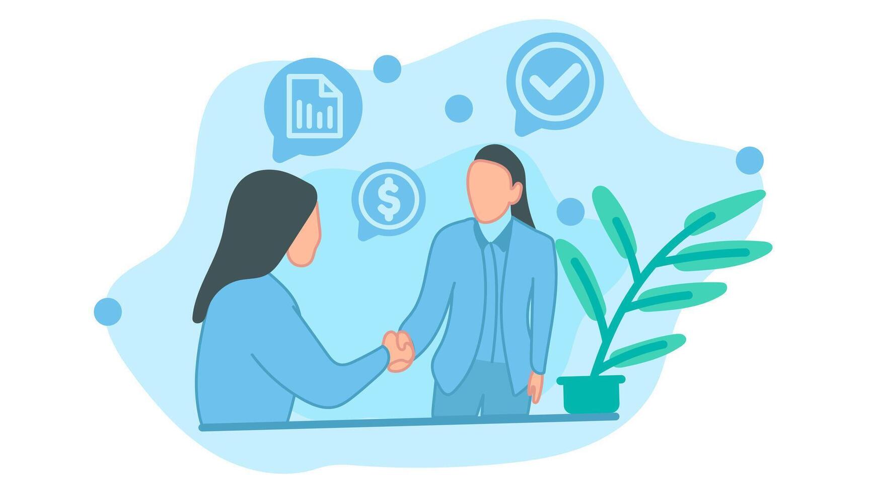 Two career women who work together, all agree on a good deal to gain benefits. illustration in flat design style vector