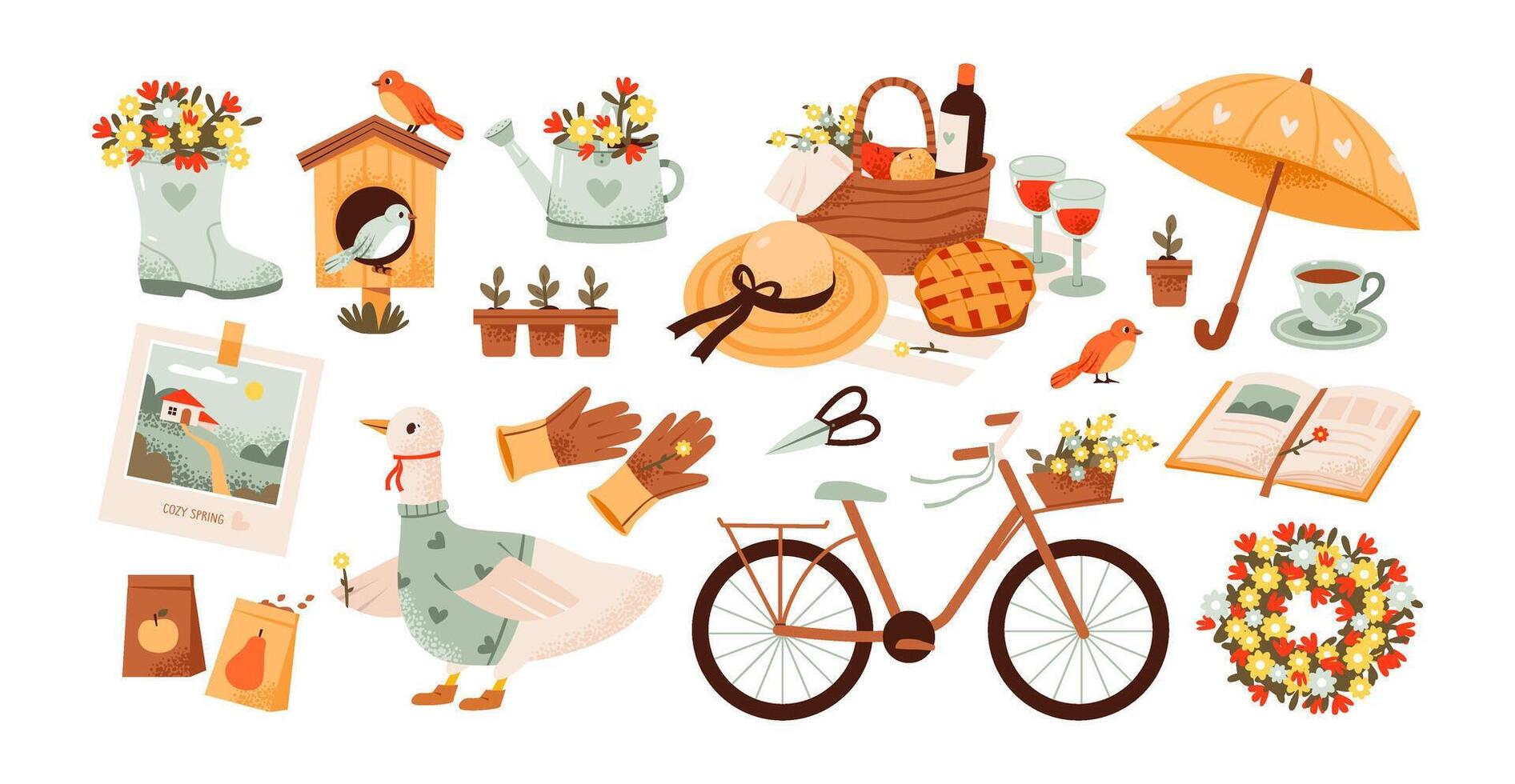 Spring set. Cozy spring picnic basket, seedling pots, and a bicycle. Springtime elements including flowers, wreath, and a birdhouse. Flat illustration. vector