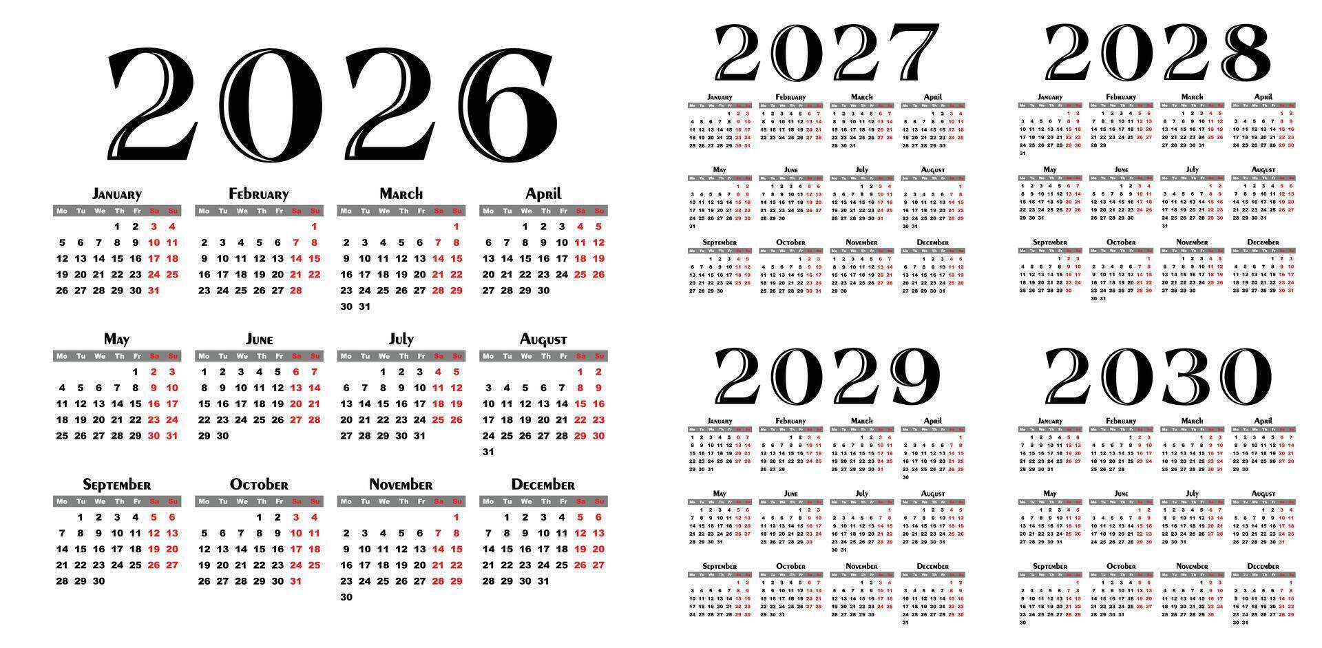 A set calendar templates for a year 2026 - 2030. vector