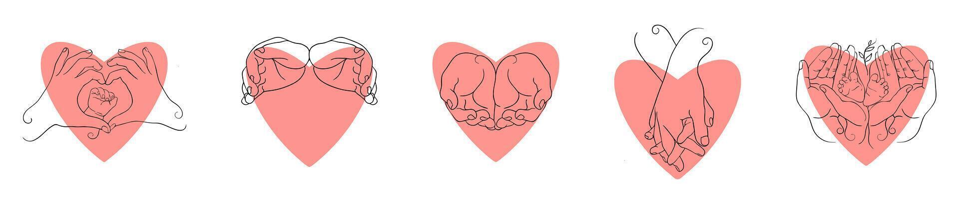 Minimalistic line art of hands forming heart shapes with a red heart background, symbolizing love, care, family, and togetherness in a modern design vector