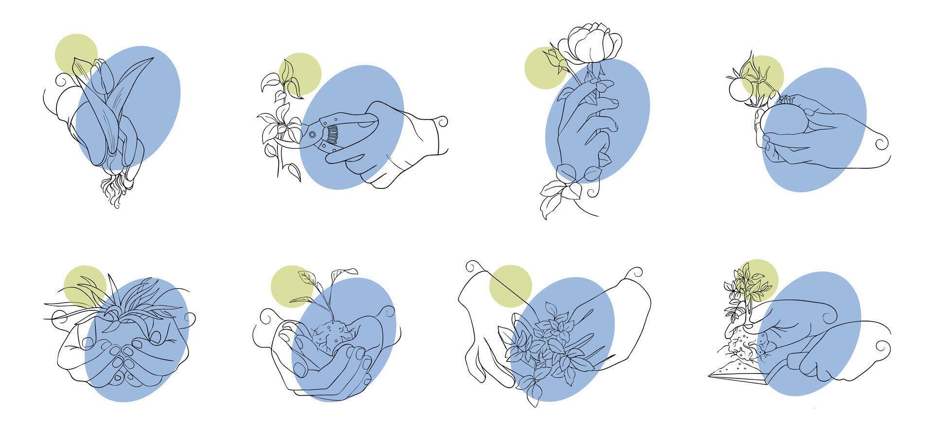 Modern line art of gardening hands holding plants, tools, and flowers with abstract green and blue circles, symbolizing nature, growth, and care vector