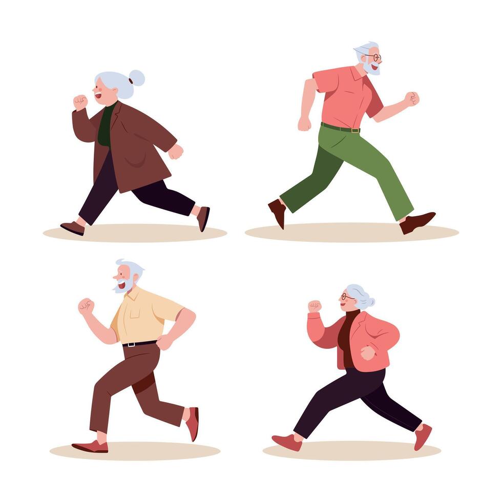 Elderly people's running jogging side view, illustrations set isolated on white. Senior woman and man character doing sport. Active healthy lifestyle concept. Outdoor running activity. vector