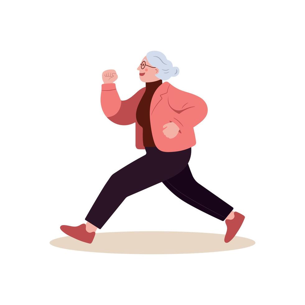 Elderly woman running jogging side view, illustration isolated on white. Senior woman character doing sport. Active healthy lifestyle concept. Outdoor running activity. vector