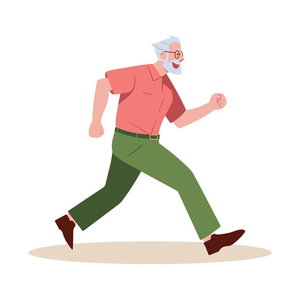 Elderly man running jogging side view, illustration isolated on white. Senior man character doing sport. Active healthy lifestyle concept. Outdoor running activity. vector