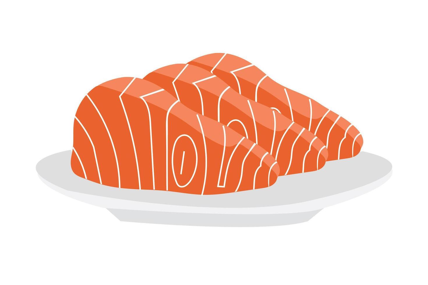 Slices of Salmon fish with plate isolated on white background. illustration in cartoon flat style. Seafood icon. Japanese delicacy Fresh raw fish Sashimi vector