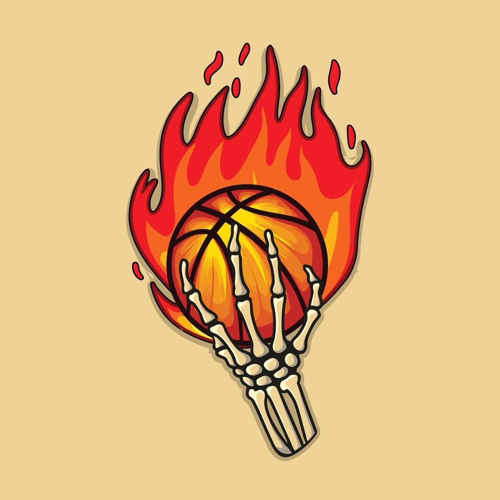 skeleton hand keep basketball with fire illustration design vector