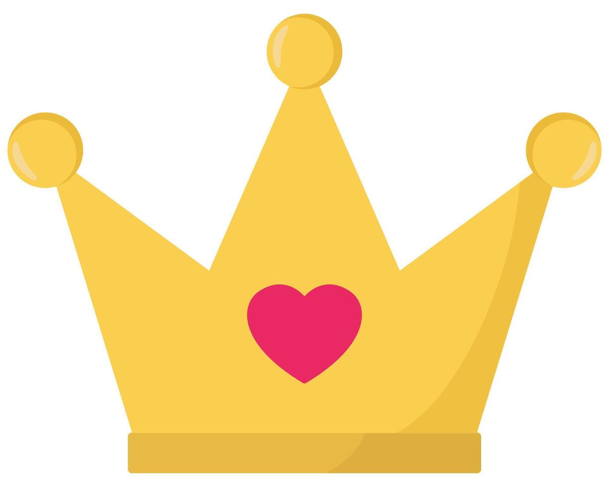 Flat icon of gold crown with red hart isolated on white background. vector