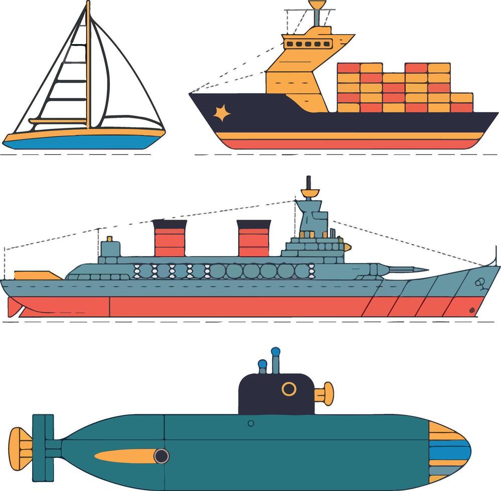 various ship line art set vector