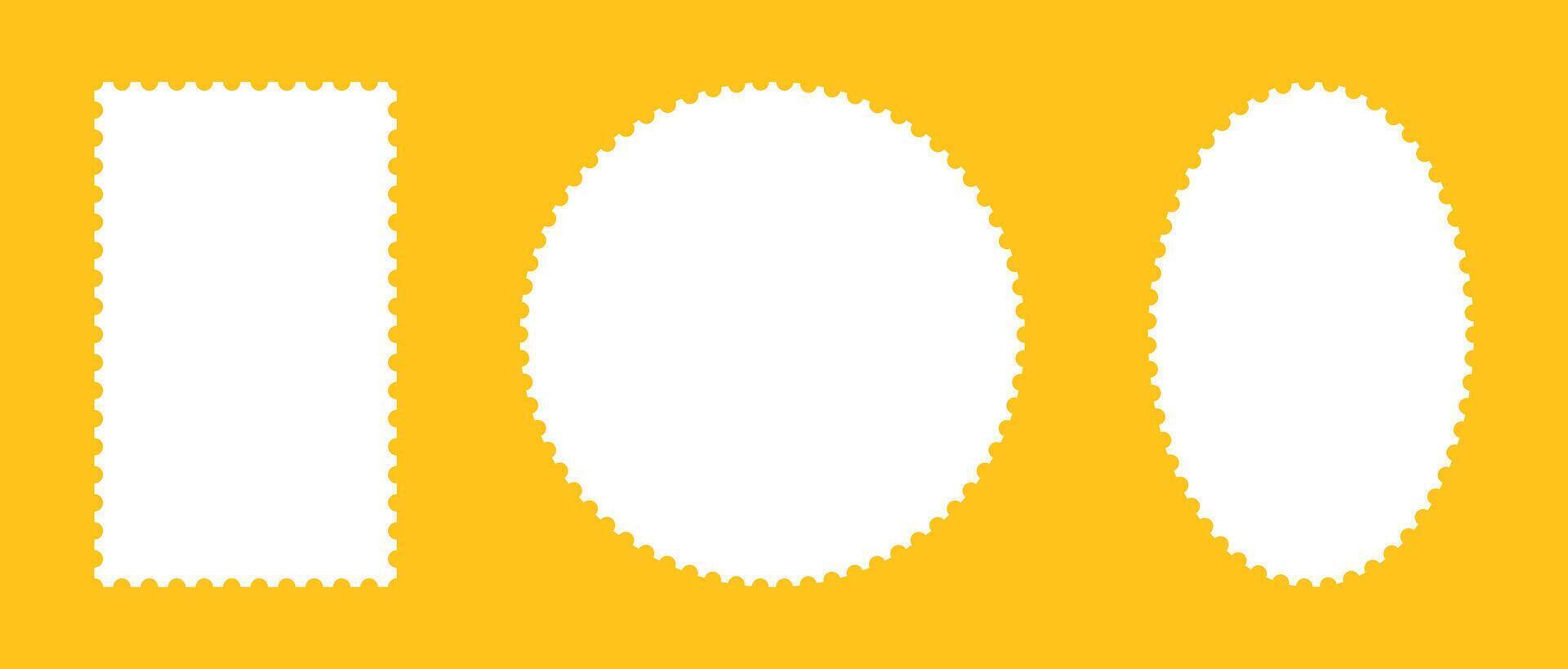 Postage stamp mockup frames. Empty borders, backdrops template for postcards, letters layout. Blank circle, oval, rectangular vintage stamps. Tag, label, coupon, box with wavy perforated edges. vector